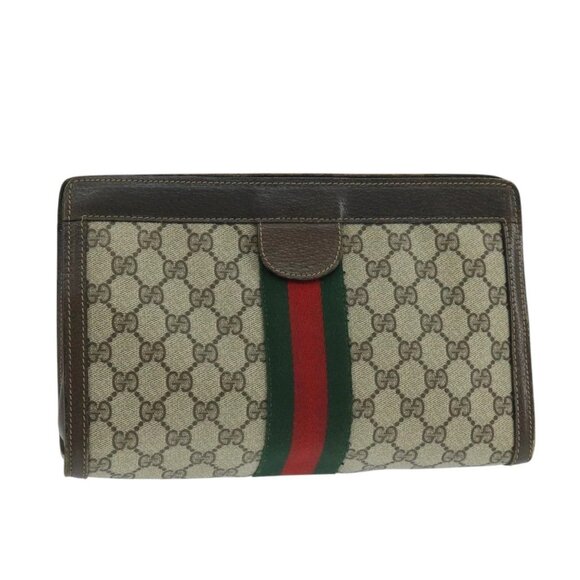 GUCCI GG Supreme Web Sherry Line Clutch Bag PVC Beige 41 014 2125 28 Auth fm4226 - Picture 1 of 16